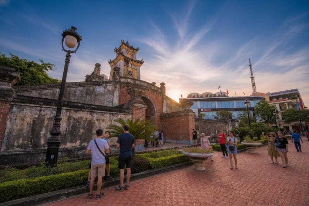 Hình ảnh cổng thành cổ kính giữa lòng phố thị hiện đại tạo nên nét chấm phá ấn tượng